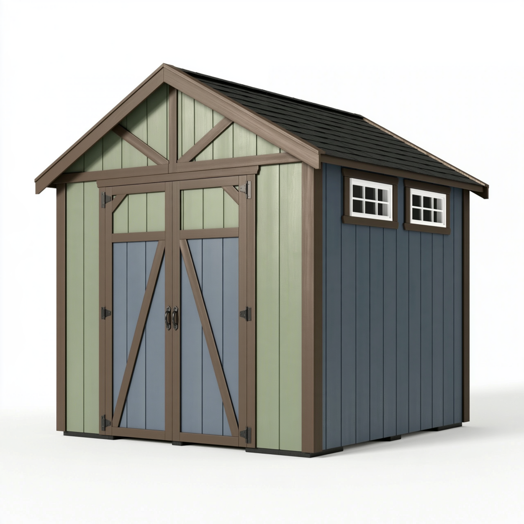 Abri de jardin 210 x 160 x 220 cm en résine vert bleu avec double porte style chalet
