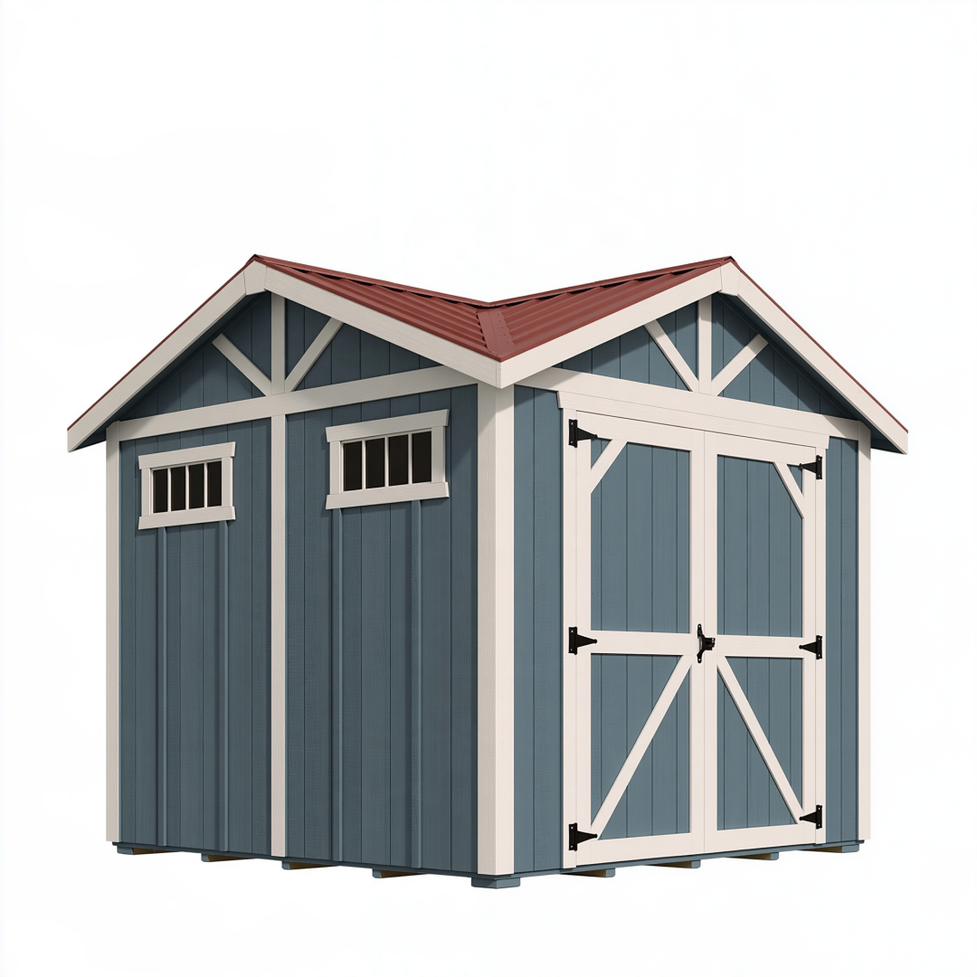 Abri de jardin 244 x 183 x 230 cm en bois bleu gris et blanc avec double porte pour rangement extérieur