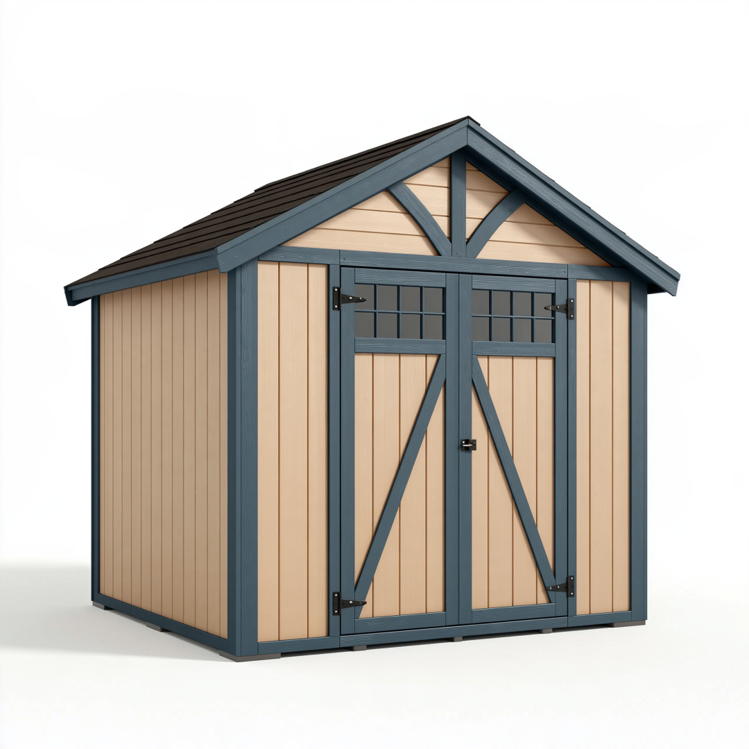 Abri de jardin 180 x 120 x 200 cm en résine beige et bleu ardoise à double porte style chalet