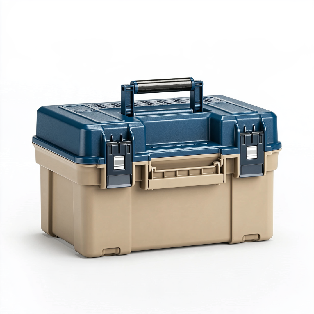 Boîte à outils 48 cm en plastique bleu marine et beige avec poignée et fermetures
