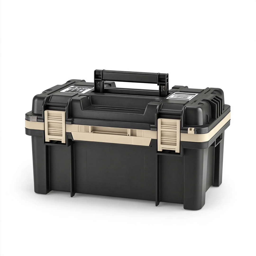 Mallette de rangement 58 x 32 x 35 cm en plastique noir et beige à poignée pour outils