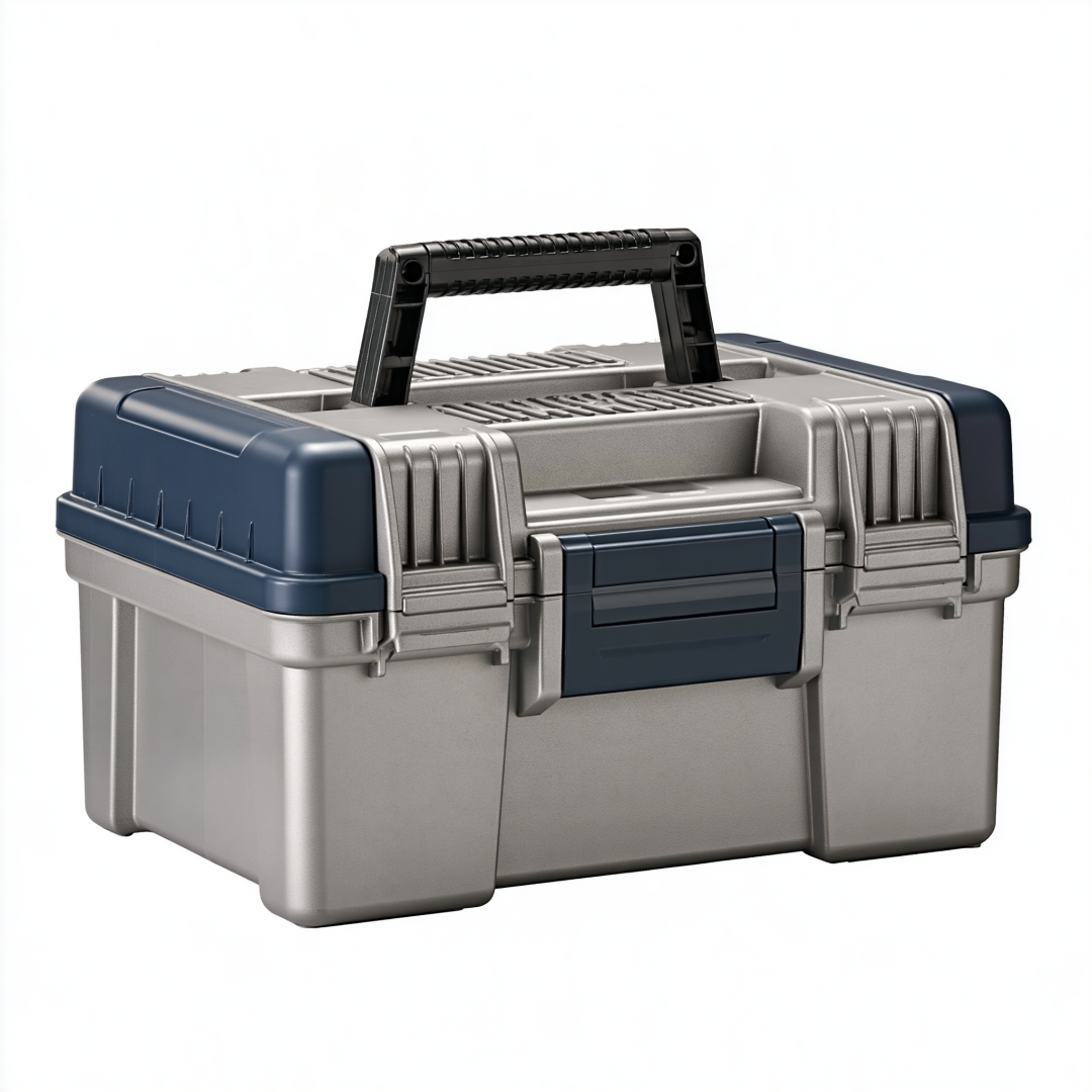 Boîte à outils 50 x 25 x 28 cm en plastique bleu marine gris avec poignée rabattable