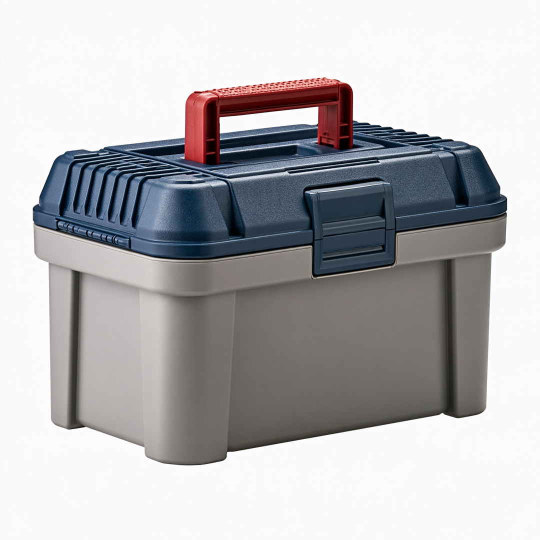 Boîte à outils 45 x 25 x 25 cm en plastique bleu marine gris rouge avec poignée de transport