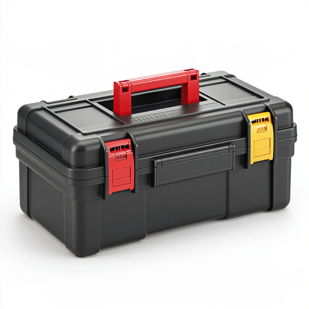 Boîte à outils 50 x 25 x 25 cm en plastique noir rouge jaune avec poignée et fermetures