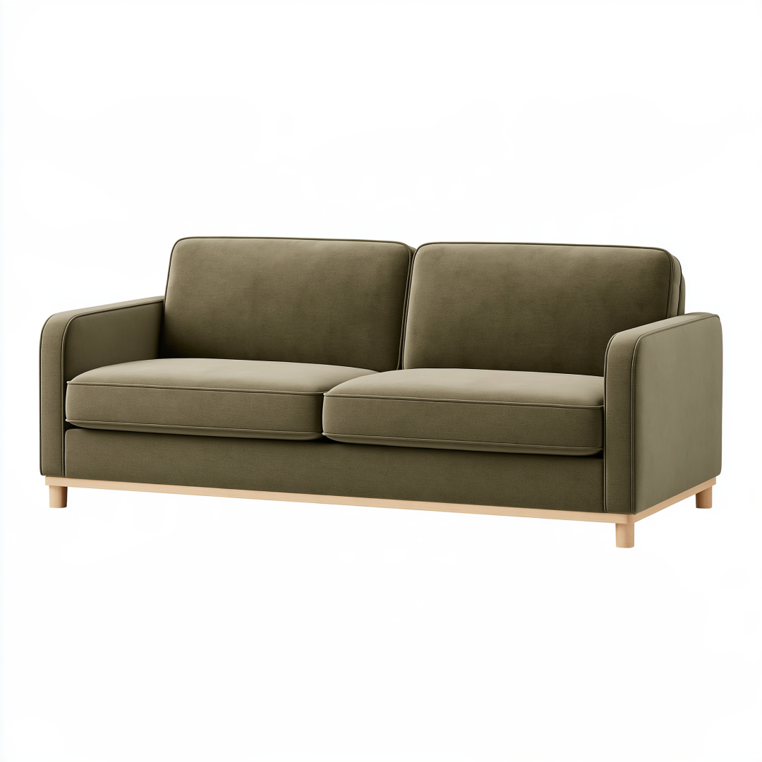 Canapé 2 places 160 x 90 x 85 cm en tissu vert olive pieds en bois style contemporain