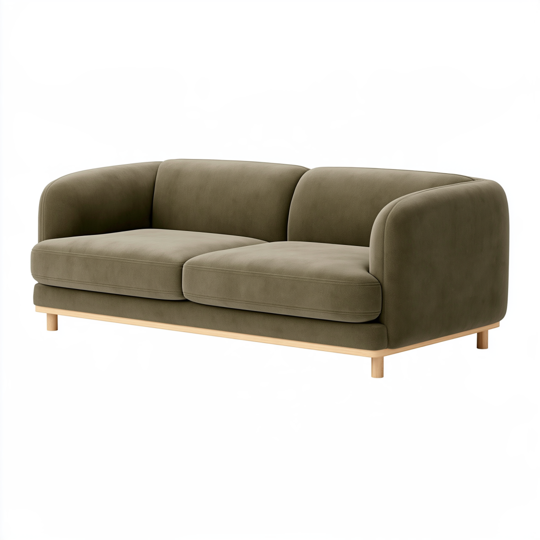 Canapé 2 places 180 x 85 x 78 cm en tissu vert kaki avec pieds en bois style contemporain
