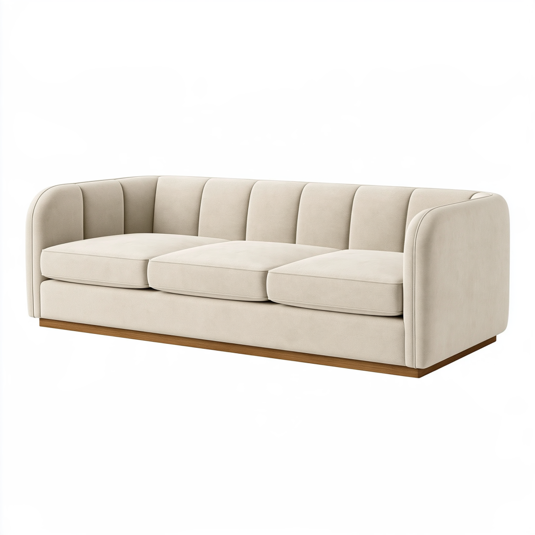 Canapé 3 places 220 cm en tissu beige avec base en bois style contemporain