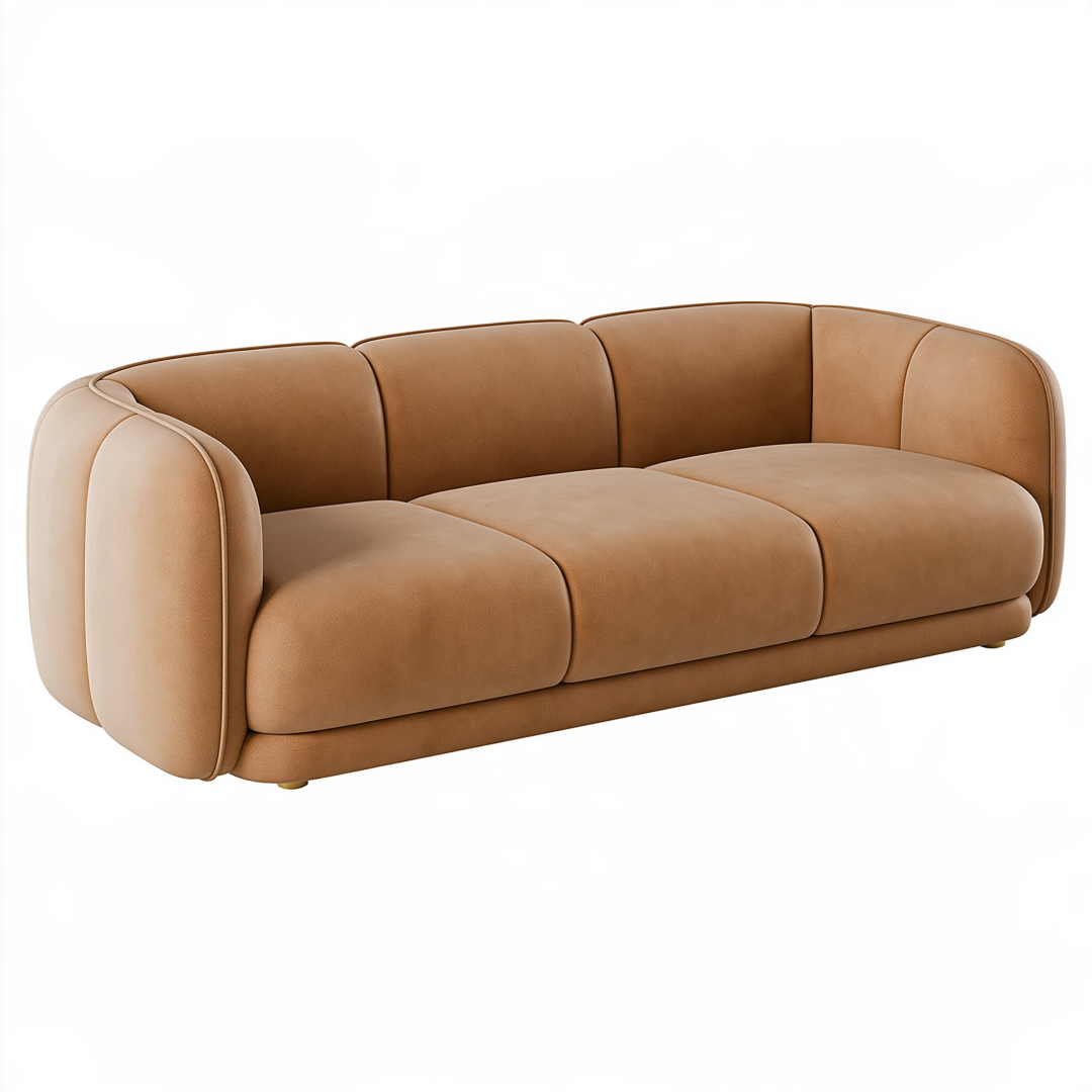 Canapé 3 places 230 cm en revêtement aspect cuir camel - dossier arrondi contemporain