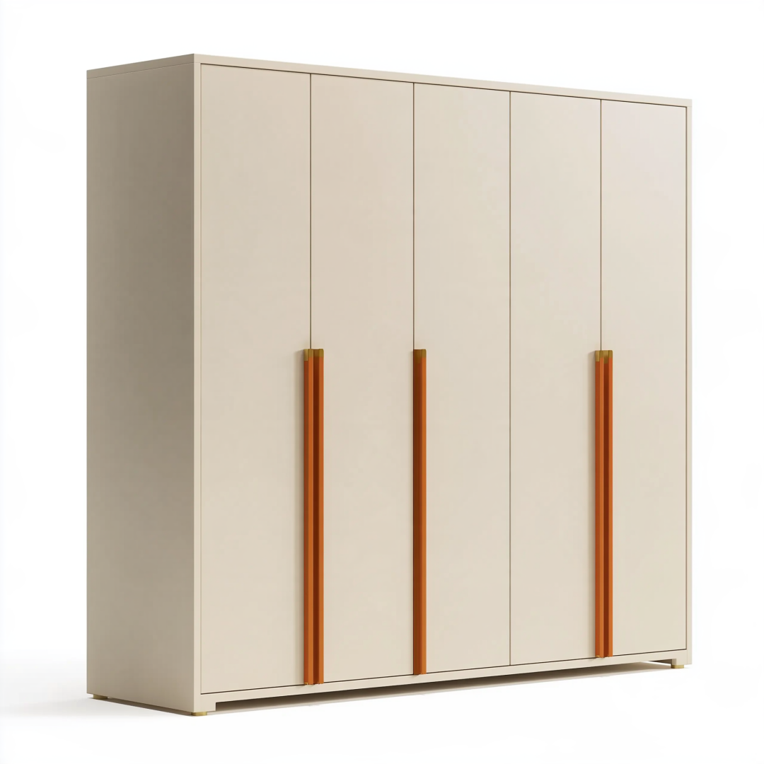 Armoire 240 x 60 x 220 cm en panneaux de bois crème avec poignées marron - rangement contemporain
