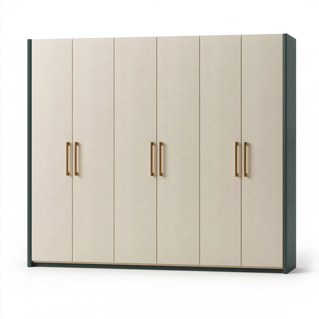 Armoire 6 portes 240 x 60 x 220 cm en panneaux de bois beige et vert foncé style contemporain