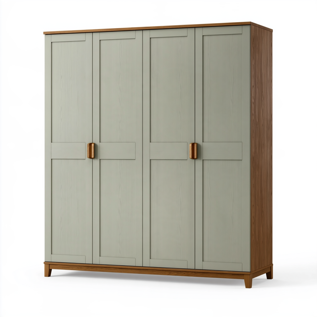 Armoire 4 portes 180 x 60 x 200 cm en panneaux de bois vert sauge et brun rangement contemporain