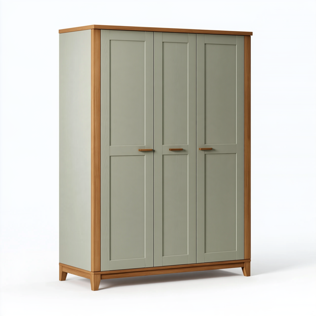 Armoire 3 portes 150 x 60 x 200 cm en panneaux de bois vert sauge et brun style scandinave rangement