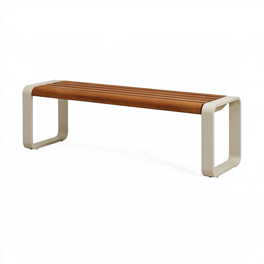 Banc de jardin 120 cm en bois marron et métal beige - design à lattes