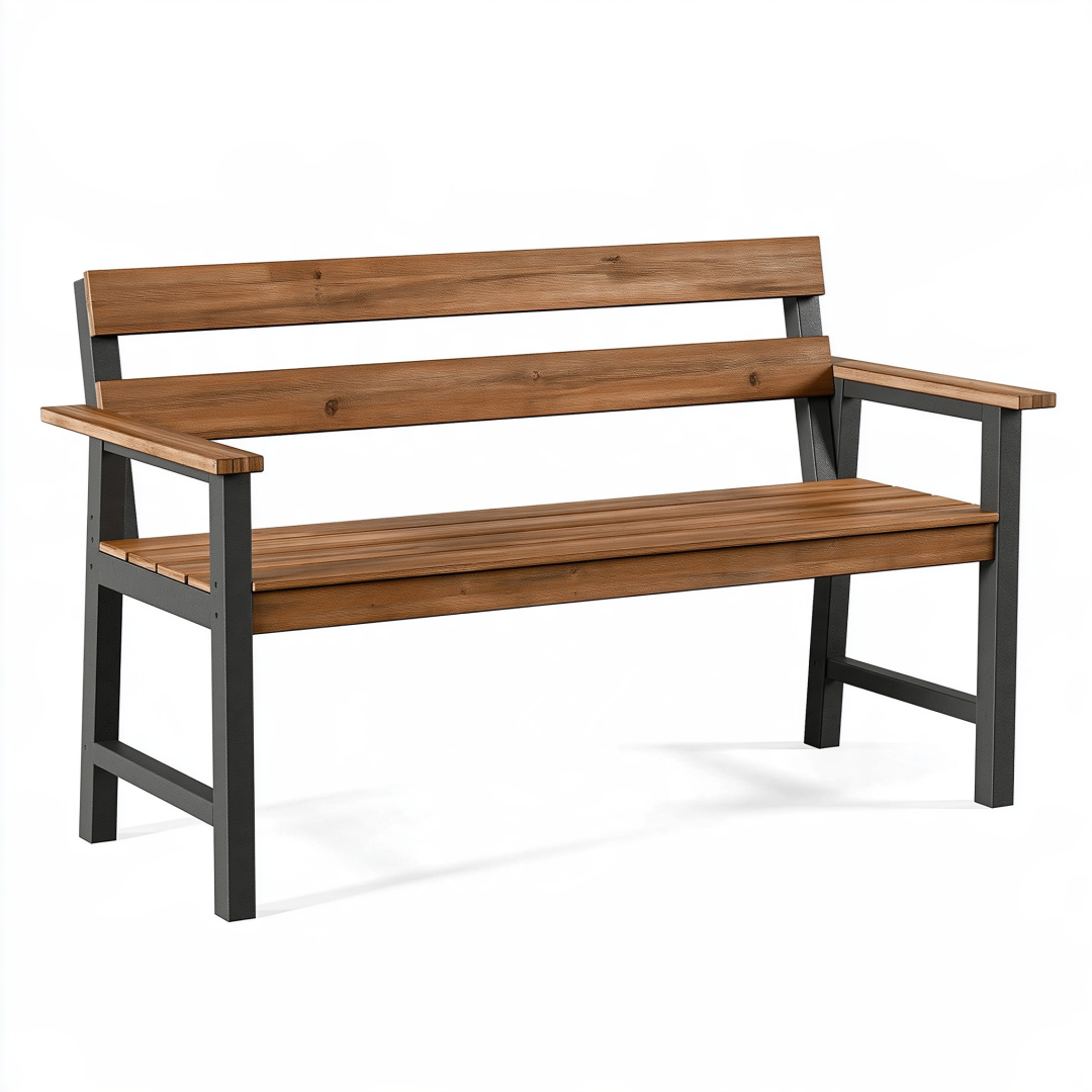 Banc de jardin 120 cm en bois et métal marron noir style industriel avec accoudoirs