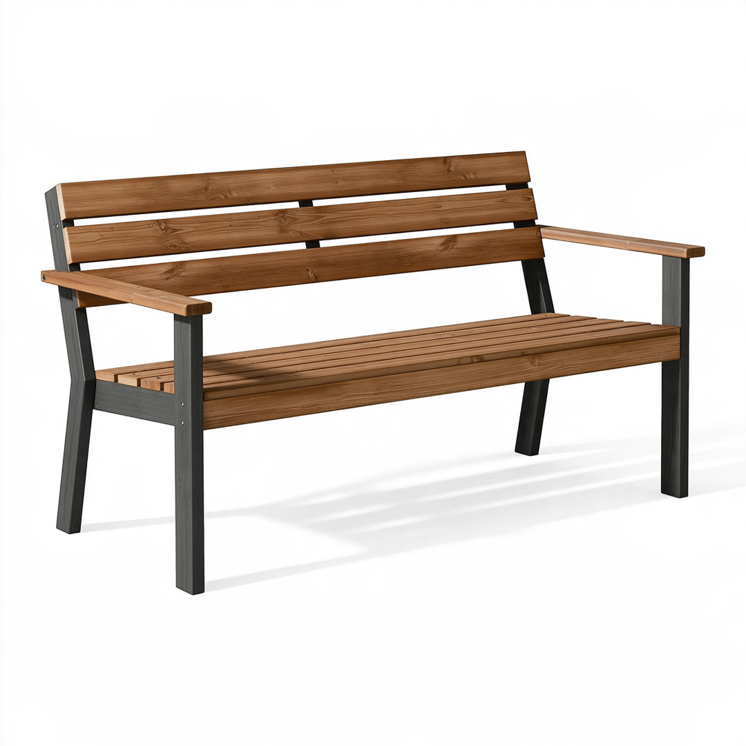 Banc de jardin 122 cm en bois brun et métal noir avec accoudoirs