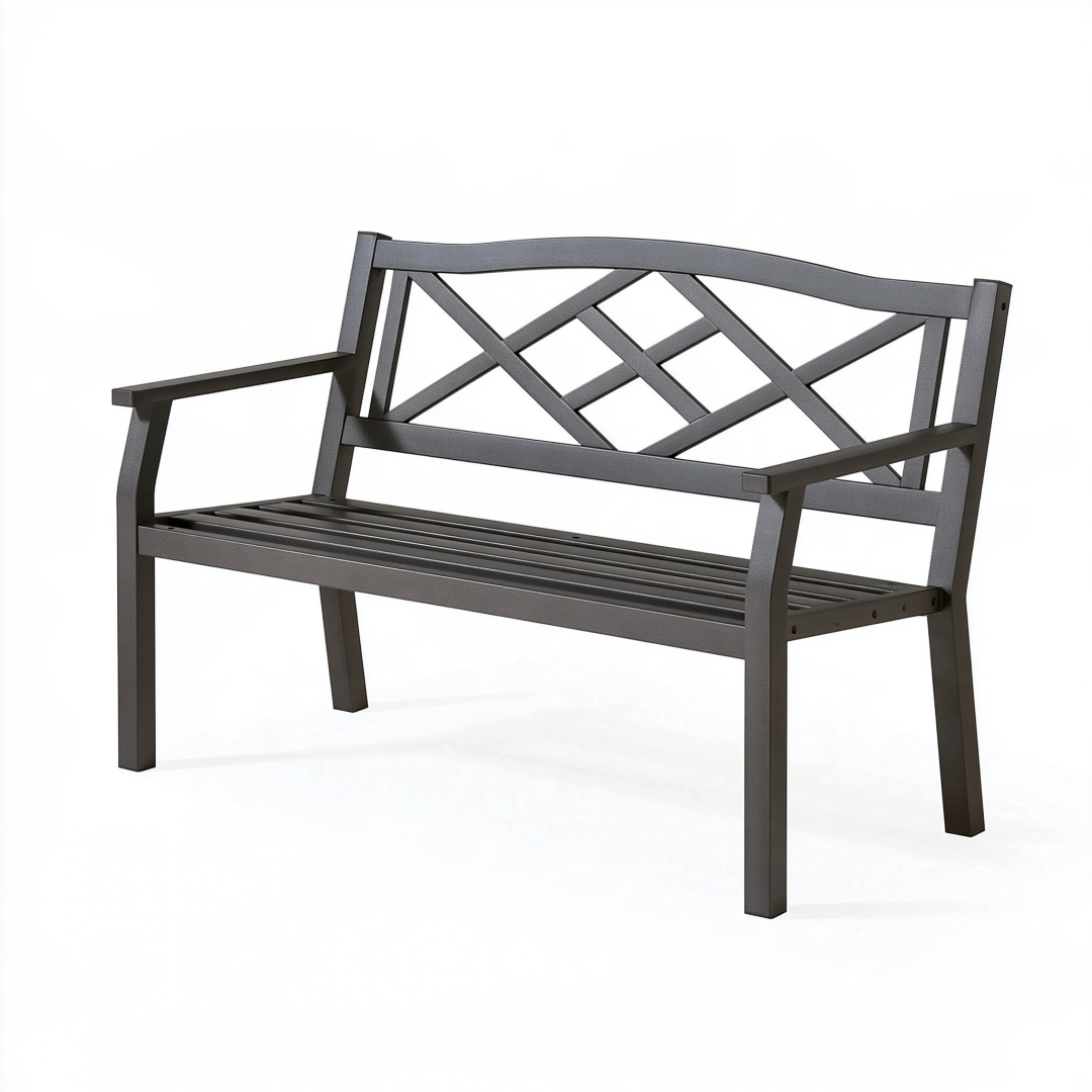 Banc de jardin 120 cm en métal gris anthracite à dossier ajouré style classique