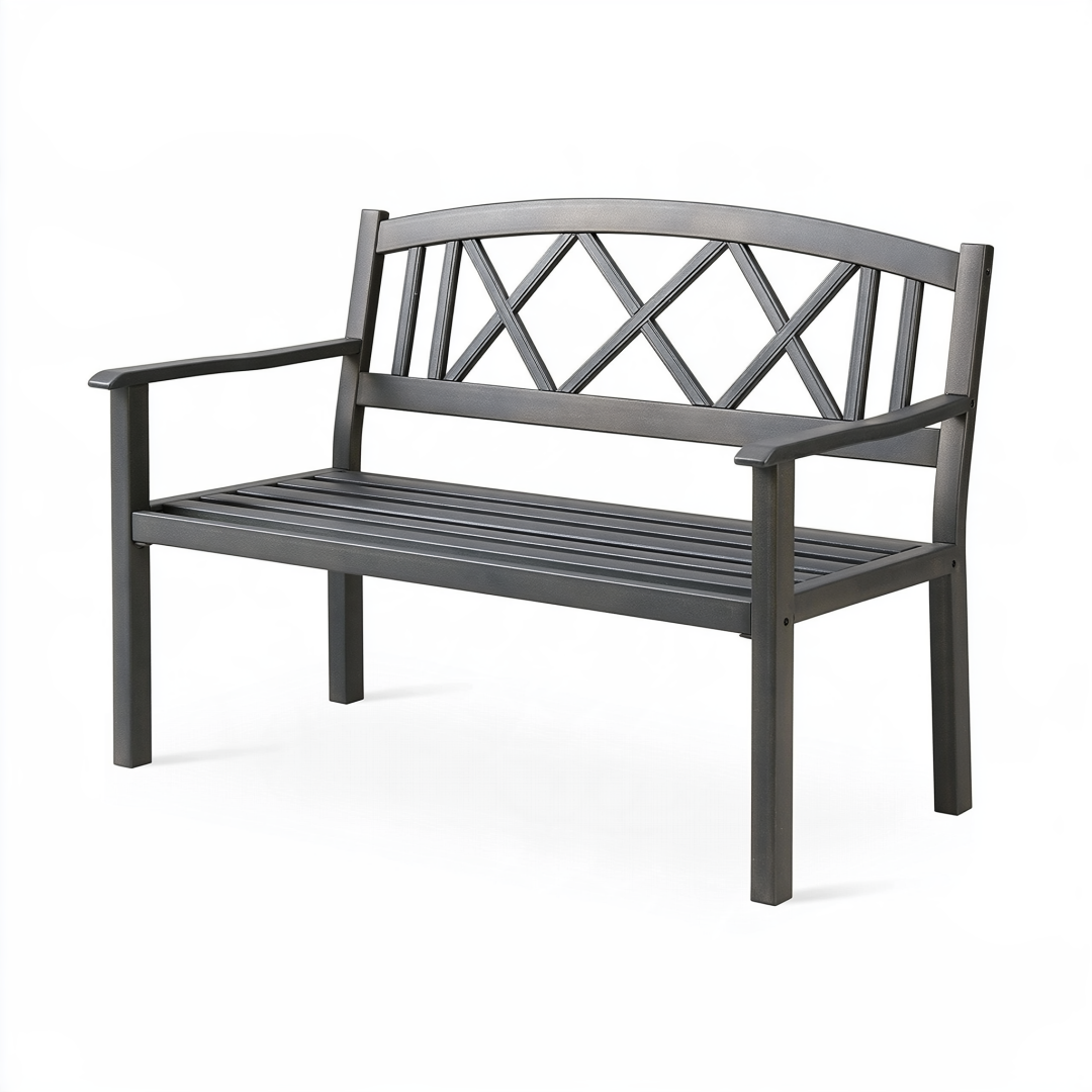 Banc de jardin 122 x 61 x 91 cm en acier gris anthracite à dossier ajouré