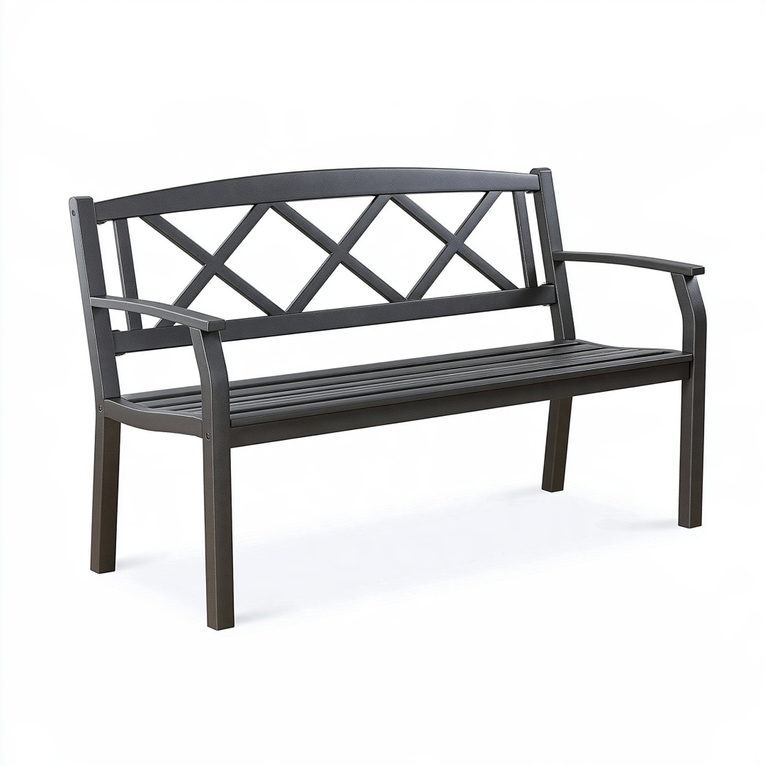 Banc de jardin 122 x 60 x 85 cm en métal noir à dossier croisé